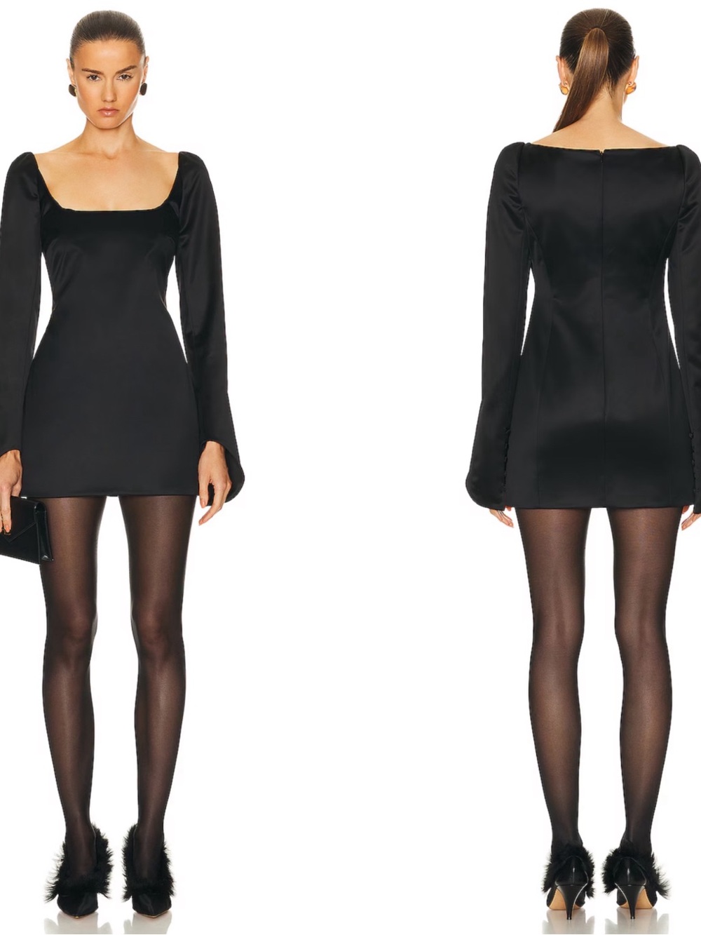 KHAITE Tate Long Sleeve Satin Black Mini Dress Size 6